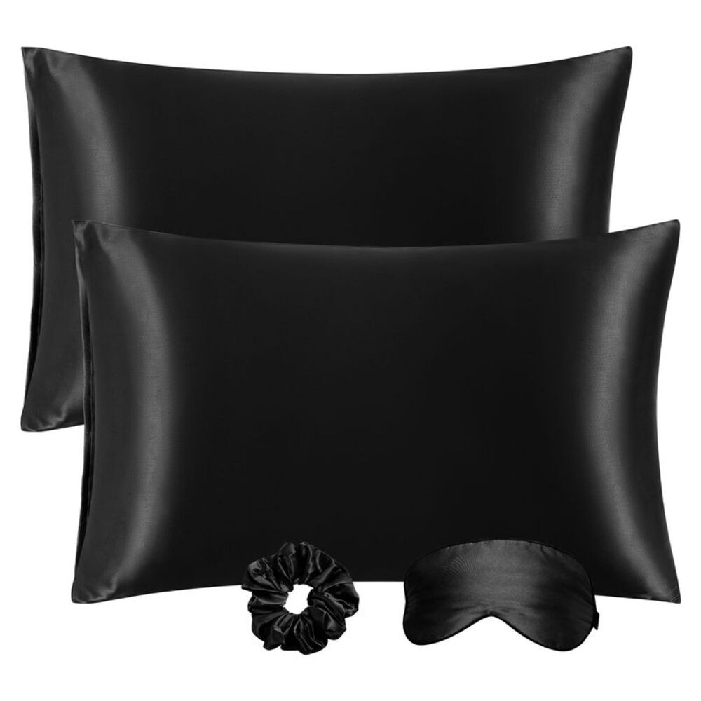 Set of 2 Satin Silk Pillowcase Envelope Closure Standard Black